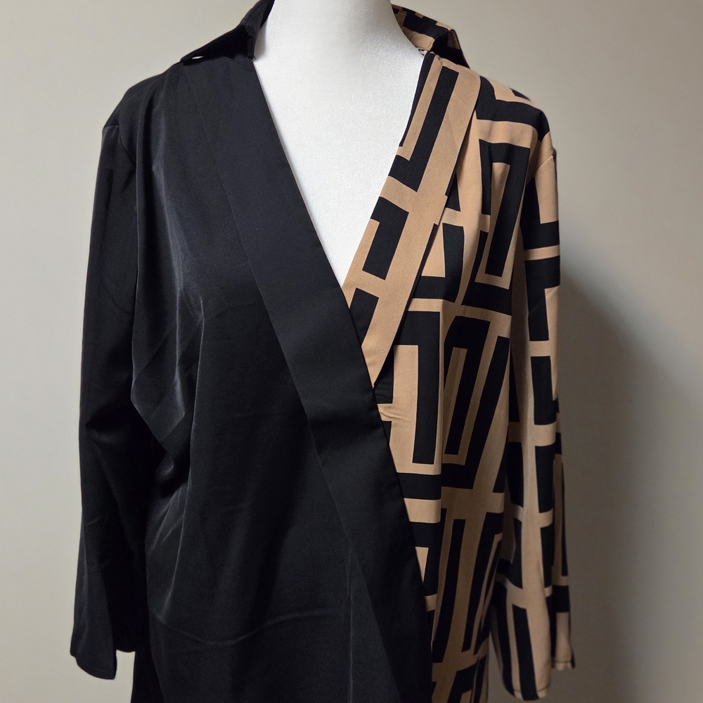NEW,Black and Tan Geometric Wrap Blouse